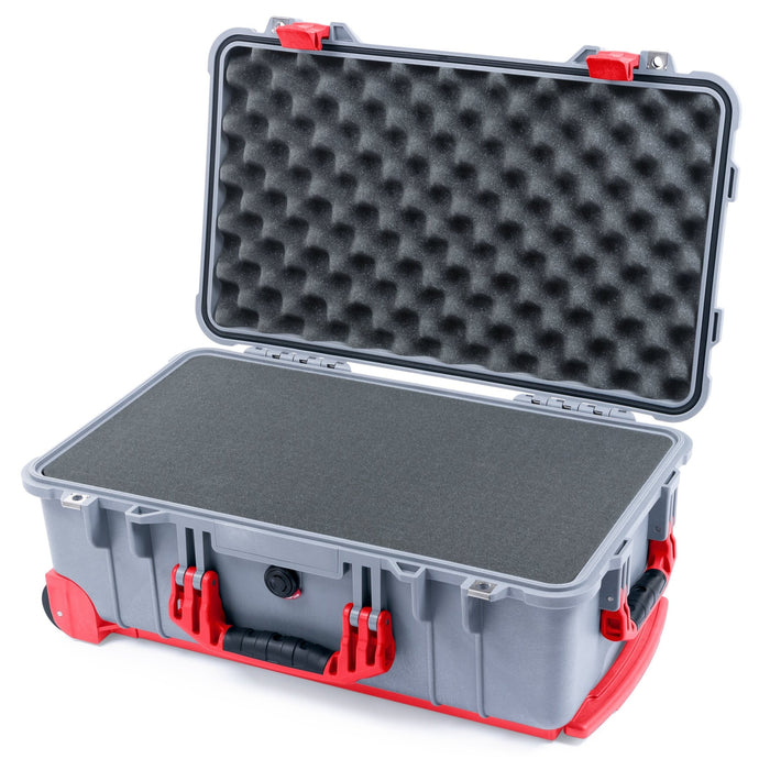 Pelican 1510 Case - Silver & Red Trolley - Pick & Pluck Foam / Convolute Lid Foam