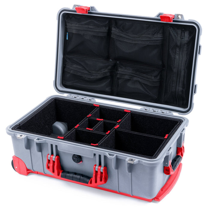 Pelican 1510 Case - Silver & Red Trolley - TrekPak Divider System / Mesh Lid Organizer