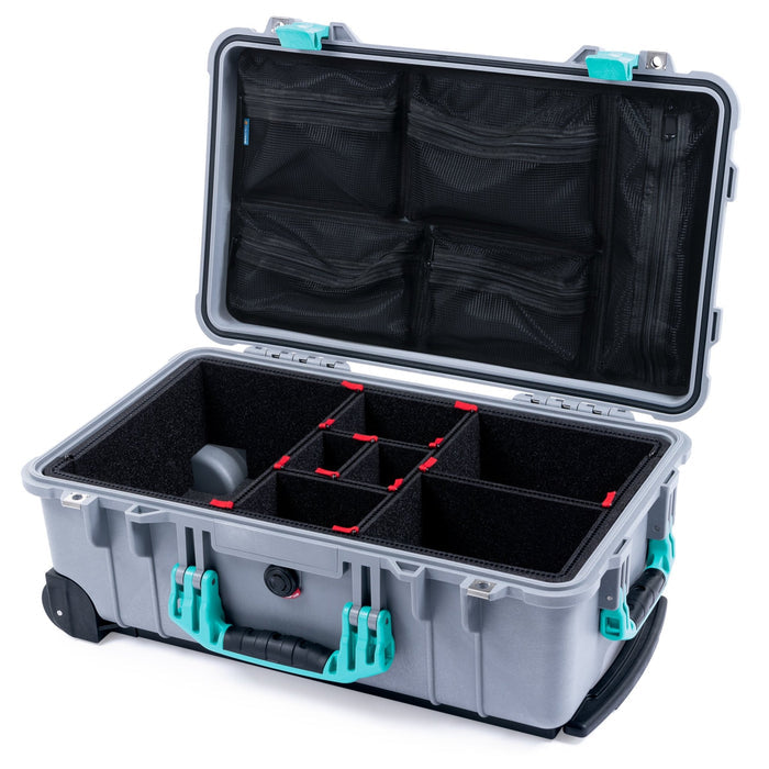 Pelican 1510 Case - Silver & Teal - TrekPak Divider System / Mesh Lid Organizer