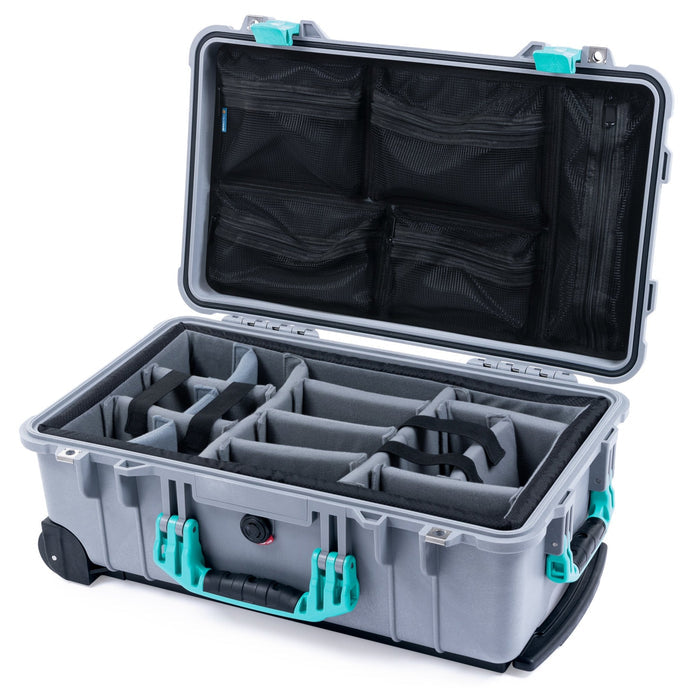 Pelican 1510 Case - Silver & Teal - Padded Microfiber Dividers / Mesh Lid Organizer