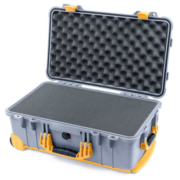 Pelican 1510 Case - Silver & Yellow Trolley - Pick & Pluck Foam / Convolute Lid Foam