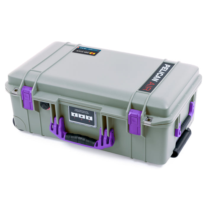 Pelican 1535 Air Carry-on Case, Sage with Purple Handles and Latches - Closed Angled View of Front