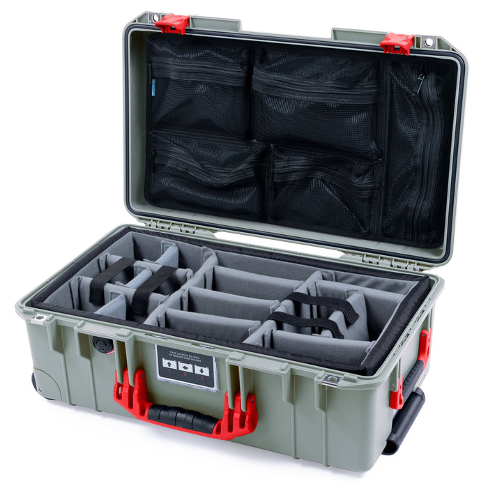 Pelican 1535 Air Carry - on Case - Sage & Red - Padded Microfiber Dividers / Mesh Lid Organizer