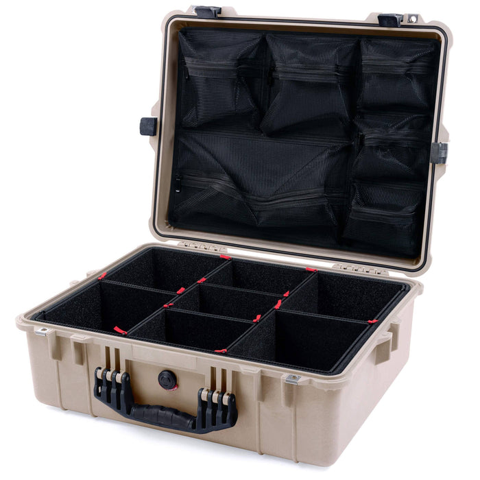 Pelican 1600 Case, Desert Tan with Black Handle & Latches TrekPak Divider System with Mesh Lid Organizer ColorCase 016000-0120-310-110