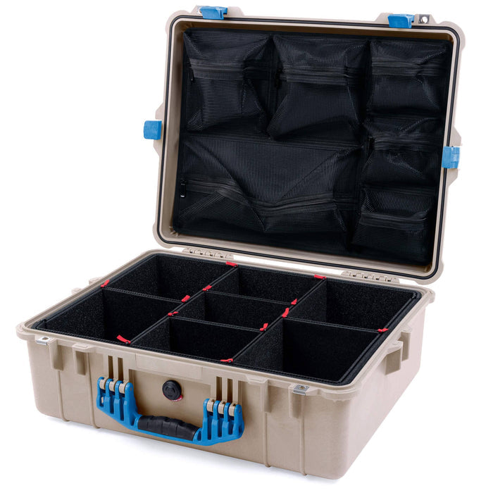 Pelican 1600 Case, Desert Tan with Blue Handle & Latches TrekPak Divider System with Mesh Lid Organizer ColorCase 016000-0120-310-120