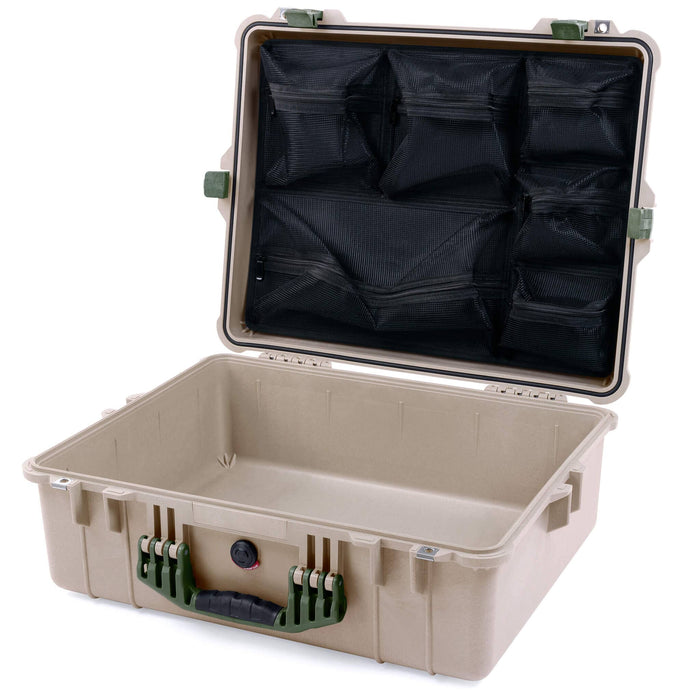 Pelican 1600 Case, Desert Tan with OD Green Handle & Latches Mesh Lid Organizer Only ColorCase 016000-0100-310-130