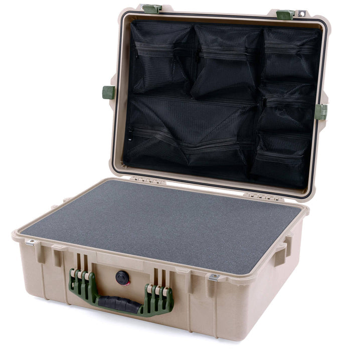 Pelican 1600 Case, Desert Tan with OD Green Handle & Latches Pick & Pluck Foam with Mesh Lid Organizer ColorCase 016000-0101-310-130