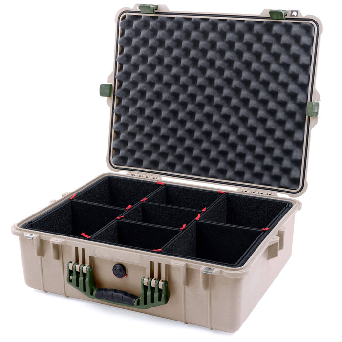 Pelican 1600 Case, Desert Tan with OD Green Handle & Latches TrekPak Divider System with Convoluted Lid Foam ColorCase 016000-0020-310-130