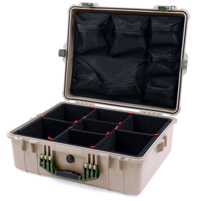 Pelican 1600 Case, Desert Tan with OD Green Handle & Latches TrekPak Divider System with Mesh Lid Organizer ColorCase 016000-0120-310-130