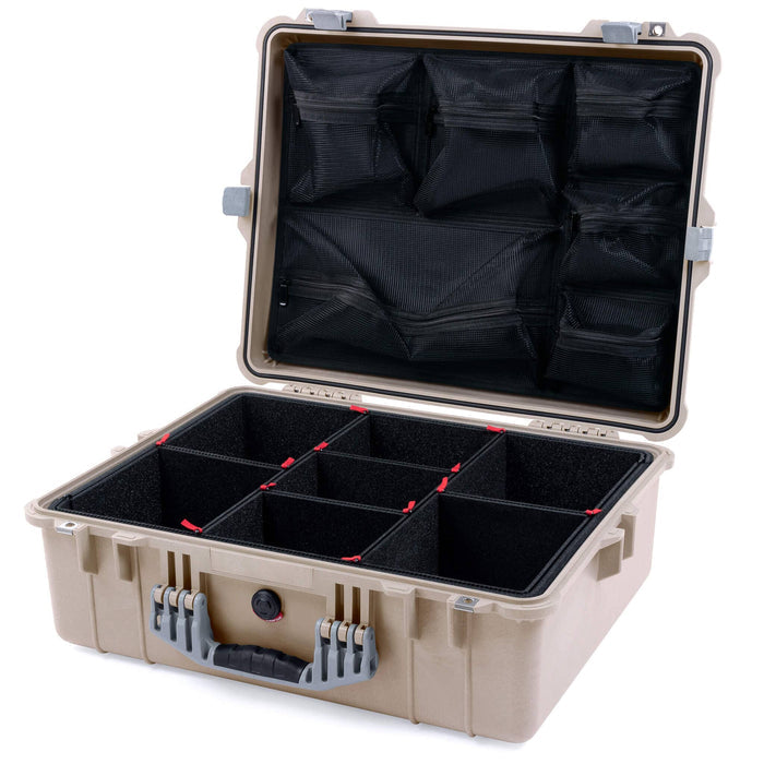 Pelican 1600 Case, Desert Tan with Silver Handle & Latches TrekPak Divider System with Mesh Lid Organizer ColorCase 016000-0120-310-180