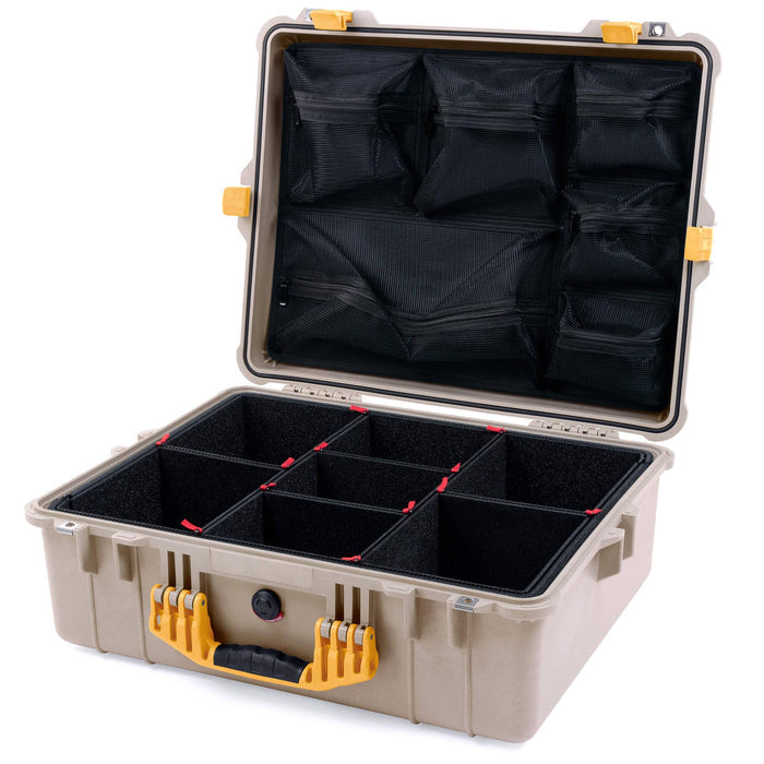Pelican 1600 Case, Desert Tan with Yellow Handle & Latches TrekPak Divider System with Mesh Lid Organizer ColorCase 016000-0120-310-240