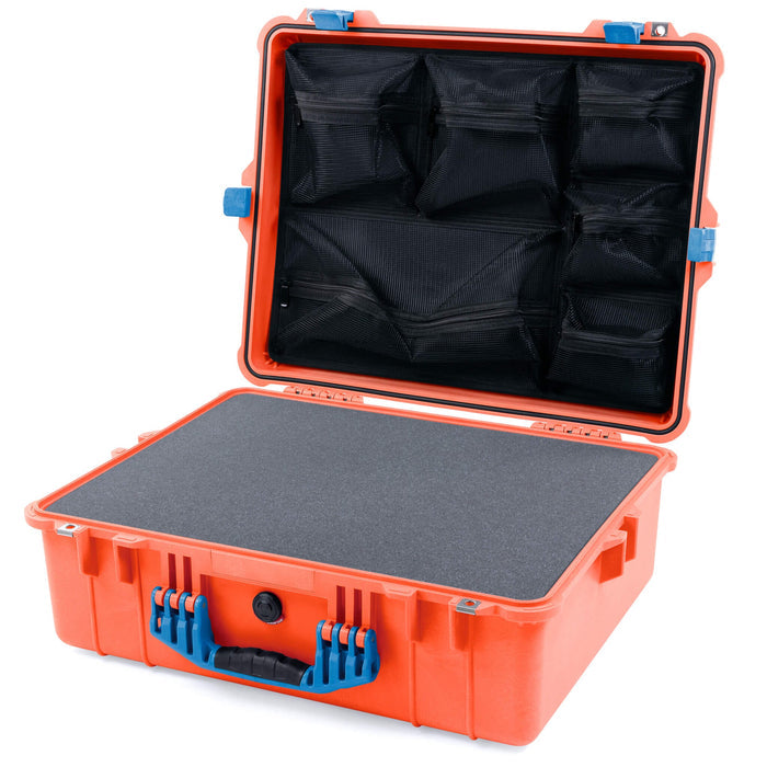 Pelican 1600 Case, Orange with Blue Handle & Latches Pick & Pluck Foam with Mesh Lid Organizer ColorCase 016000-0101-150-120