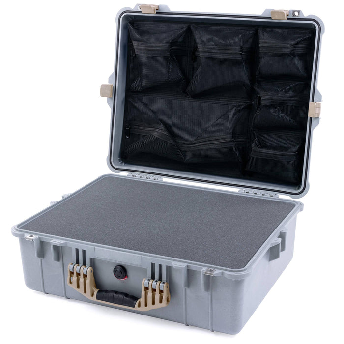 Pelican 1600 Case, Silver with Desert Tan Handle & Latches Pick & Pluck Foam with Mesh Lid Organizer ColorCase 016000-0101-180-310