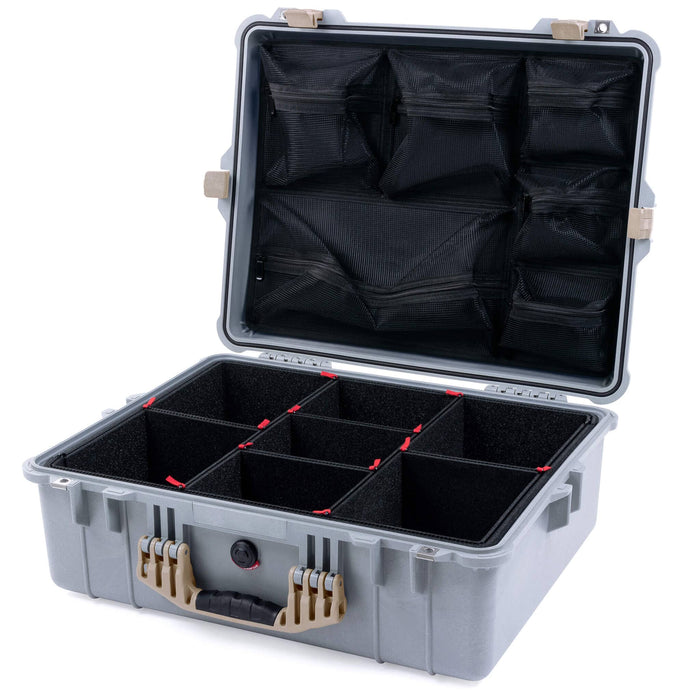 Pelican 1600 Case, Silver with Desert Tan Handle & Latches TrekPak Divider System with Mesh Lid Organizer ColorCase 016000-0120-180-310