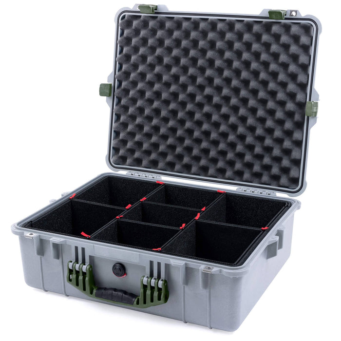 Pelican 1600 Case, Silver with OD Green Handle & Latches TrekPak Divider System with Convoluted Lid Foam ColorCase 016000-0020-180-130
