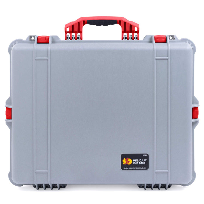 Pelican 1600 Case, Silver with Red Handle & Latches ColorCase