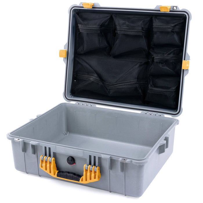Pelican 1600 Case, Silver with Yellow Handle & Latches Mesh Lid Organizer Only ColorCase 016000-0100-180-240