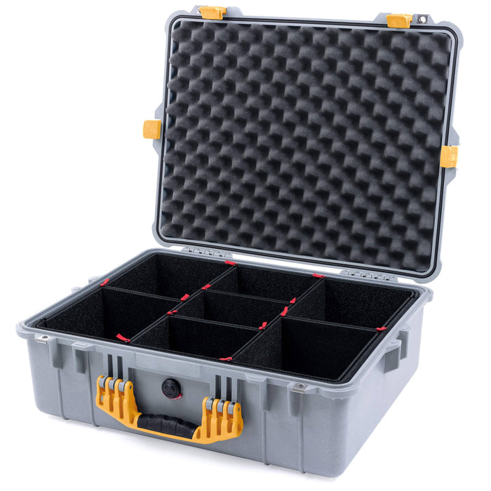 Pelican 1600 Case, Silver with Yellow Handle & Latches TrekPak Divider System with Convoluted Lid Foam ColorCase 016000-0020-180-240