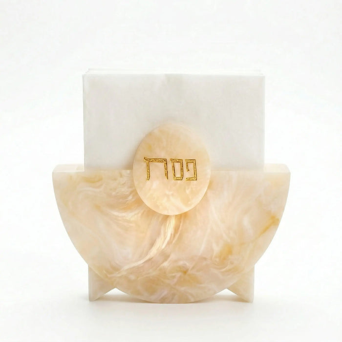 Cream-colored resin Pesach napkin holder with round wooden top featuring Hebrew text, displayed against white background.