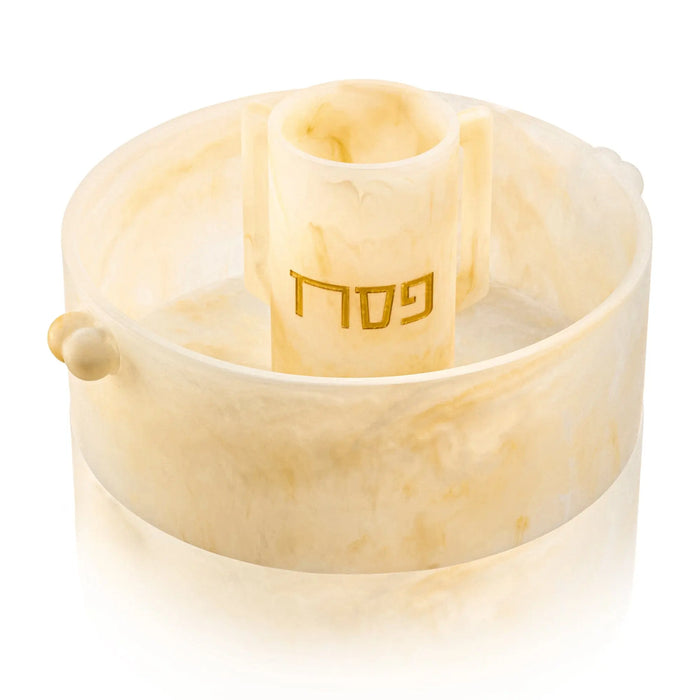Cream-colored resin Pesach washing bowl and cup set with gold Hebrew text, featuring a classic round design ideal for Passover tabletop use.