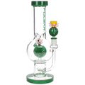 Glass Bong device with green and clear components on a white background