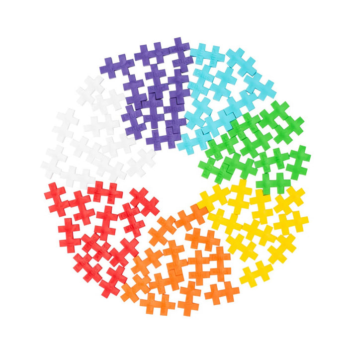 Colorful interlocking plastic pieces on a white background.