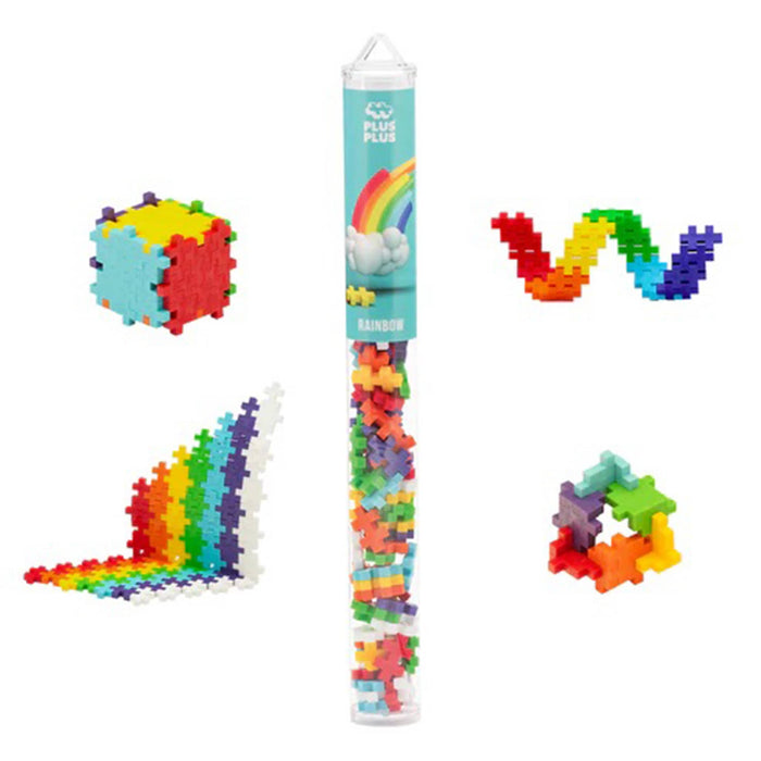Colorful building blocks in different forms with a tube labeled 'Plus Plus' on a white background.