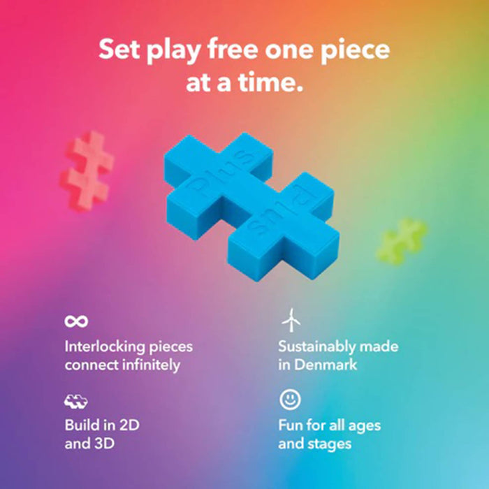 Promotional graphic for interlocking building pieces with text on a gradient background.