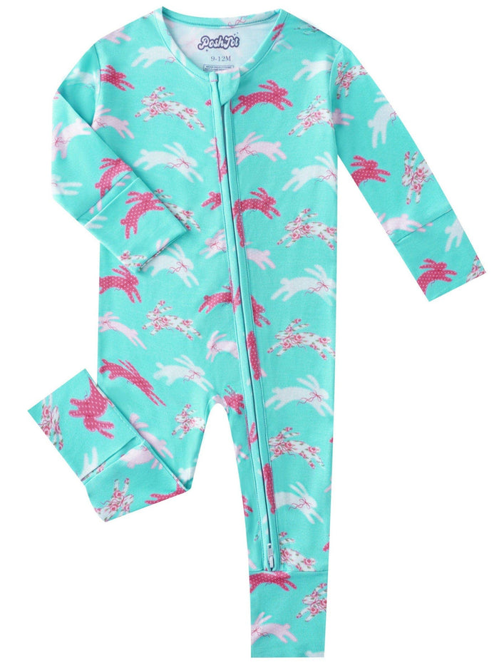 PoshTOT Little Flower Rabbit Bamboo Baby Convertible Zippy Romper: 18-24M