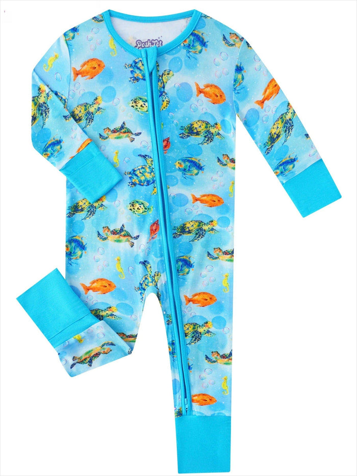 PoshTOT Sea Turtle Bamboo Baby Convertible Zippy Romper: 3-6M