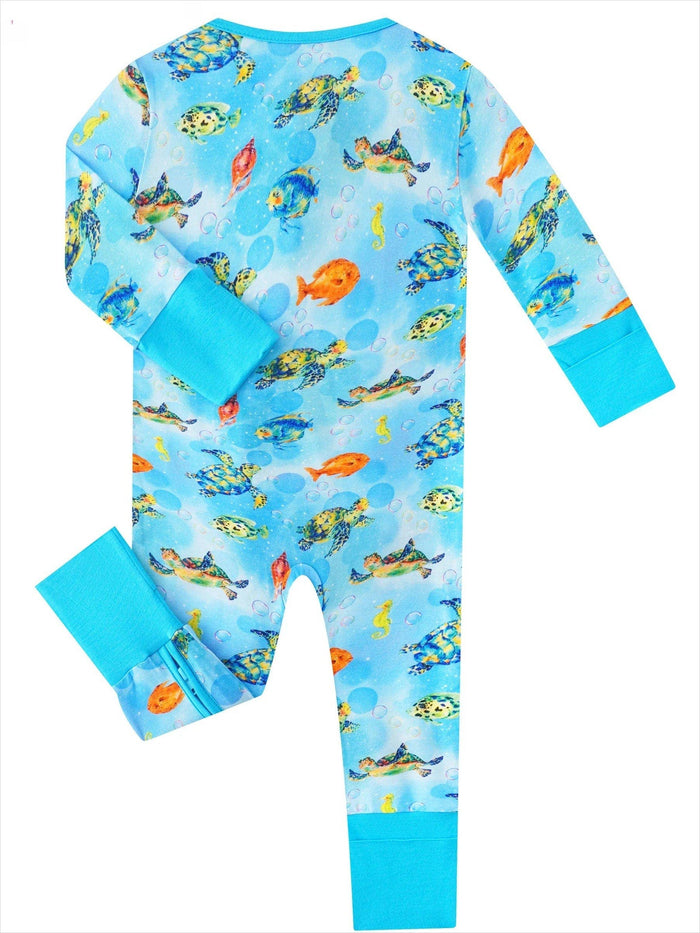 PoshTOT Sea Turtle Bamboo Baby Convertible Zippy Romper: 6-12M