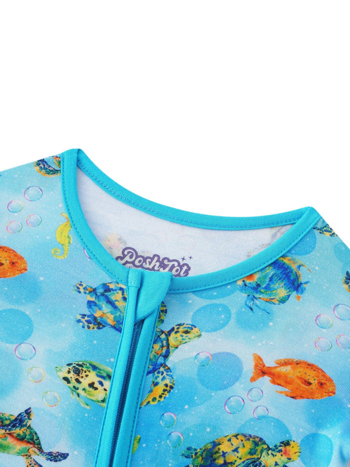 PoshTOT Sea Turtle Bamboo Baby Convertible Zippy Romper: 6-12M