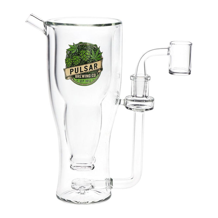 Clear glass smokable Beer mug smoking device with Pulsar Brewing Co logo on a white background