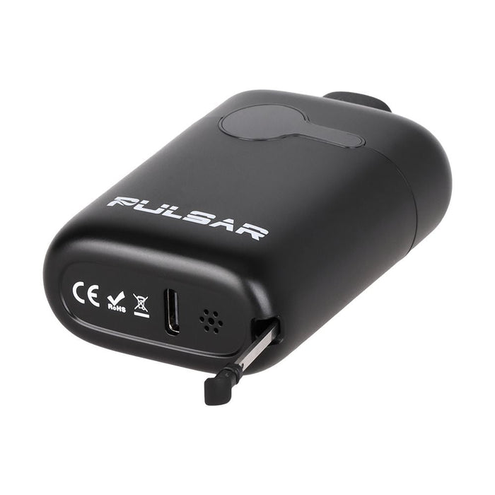 Black dry herb vaporizer  device with 'Pulsar' branding on a white background