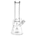A clear glass beaker-style water pipe with a 4-arm mini circ percolator and a Klein recycler system, featuring a 14mm male herb bowl with a built-in screen.