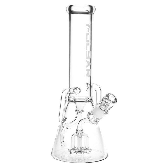 A clear glass beaker-style water pipe with a 4-arm mini circ percolator and a Klein recycler system, featuring a 14mm male herb bowl with a built-in screen.