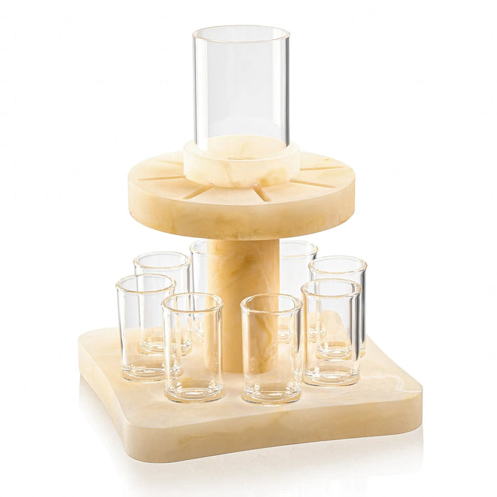 Wooden resin Kiddush fountain with clear glass cups arranged on two tiers, ideal for Shabbat and holiday wine service.