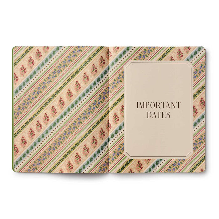 An open 2026-2027 academic planner from Rifle Paper Co., showing a vintage striped floral pattern in muted pink, green, and blue, featuring a blank beige page on the right with the text 'IMPORTANT DATES'.