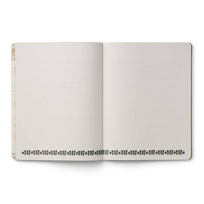 An open 2026-2027 academic planner from Rifle Paper Co., showing ruled white pages with a decorative border of small blue and green floral motifs along the bottom edge, set against a plain white background.