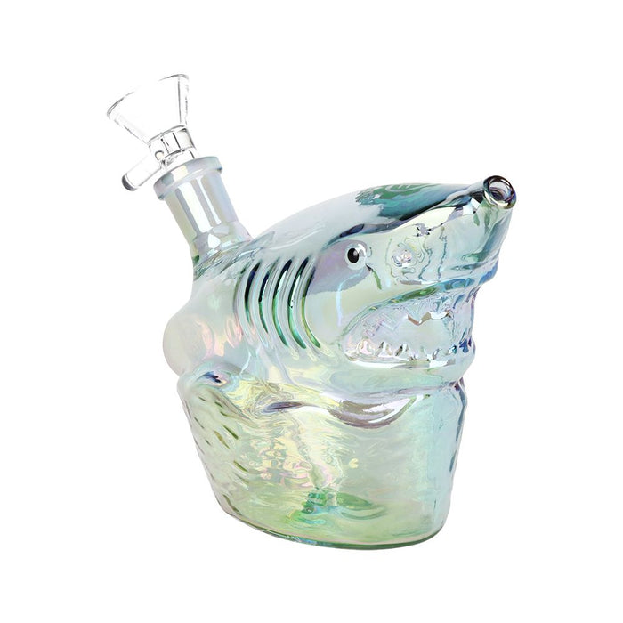 Glass shark-shaped mini bong with a bowl on a white background