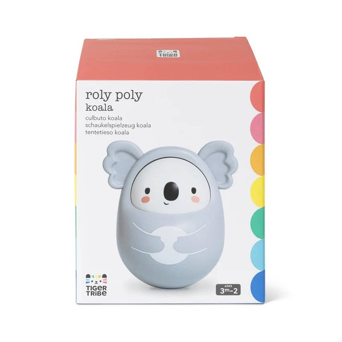 Tiger Tribe Roly Poly Koala toy packaging box, featuring a light gray koala-shaped roly toy on a white box with a coral top panel and multicolored side dots.