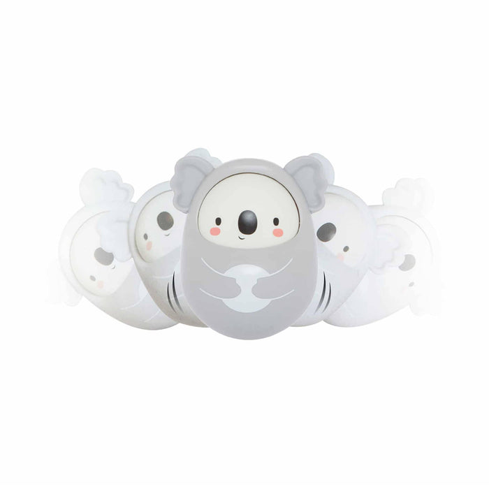A gray koala-shaped toy with a white face, black eyes and nose, pink cheeks, shown moving side to side on a plain white background.