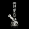 Thick Glass Beaker Bong smoking device with engraved designs on a black background