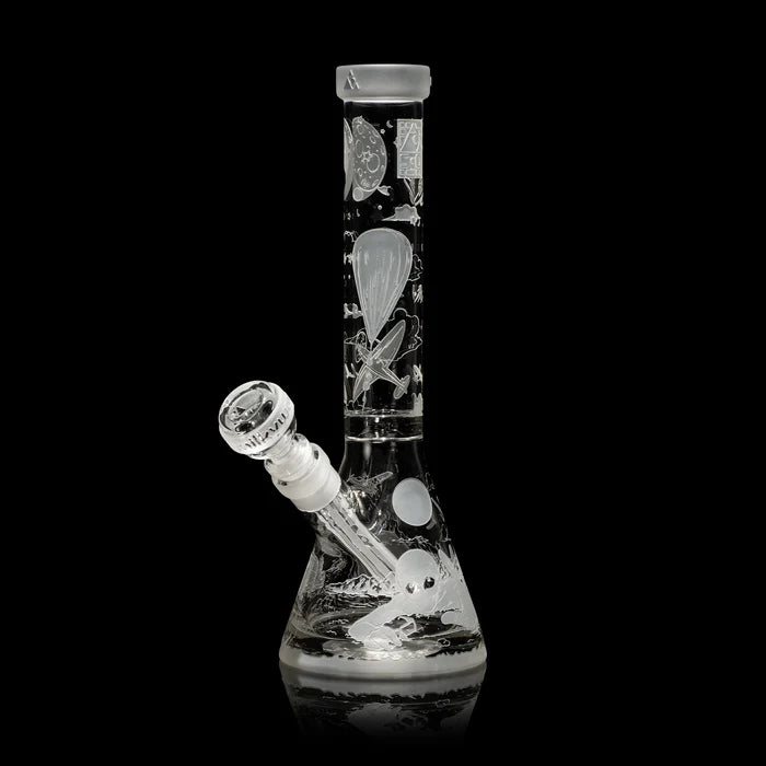 Thick Glass Beaker Bong smoking device with engraved designs on a black background
