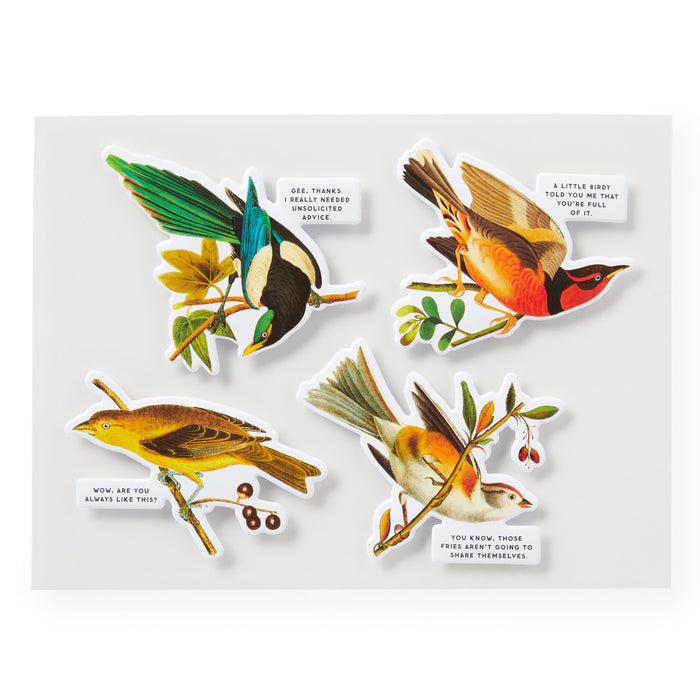 Four illustrated birds with speech bubbles perch on branches in this colorful, stylized collage. The charming Brass Monkey Salty Birds 1000 Piece Puzzle is set against a plain white background.