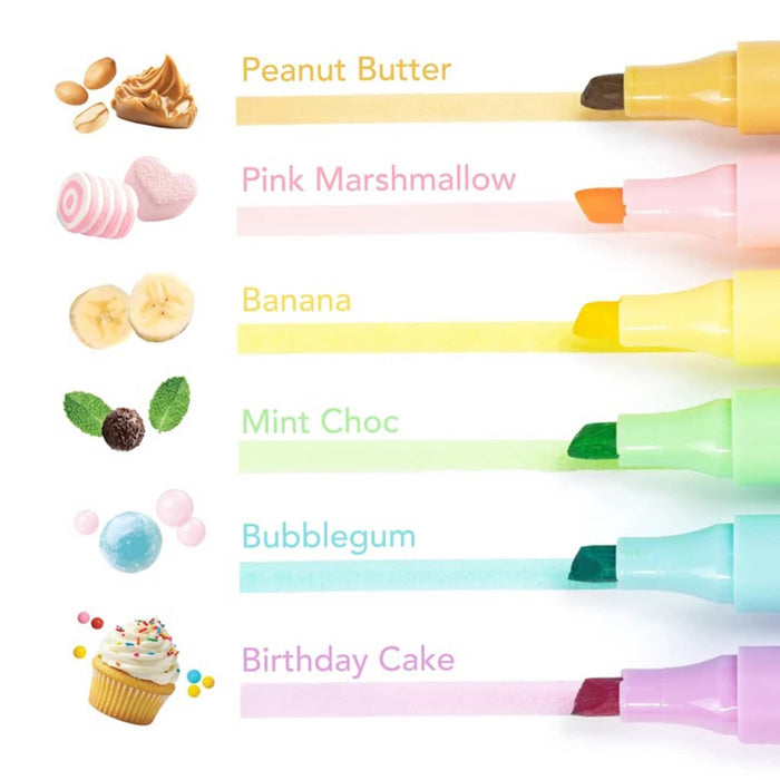 Colorful markers with cap off and line drawn with flavors labeled on a white background.