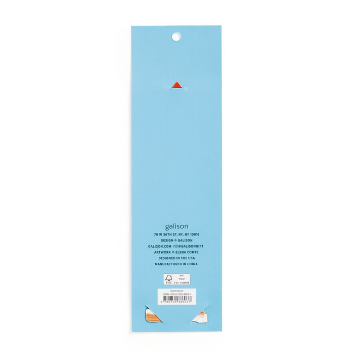A rectangular blue package for the Seasons Tweetings Paper Bookmark by Éléna Comte, featuring a small orange triangle at the top and white text with manufacturer and contact info on a plain white background. Perfect for festive gifting.