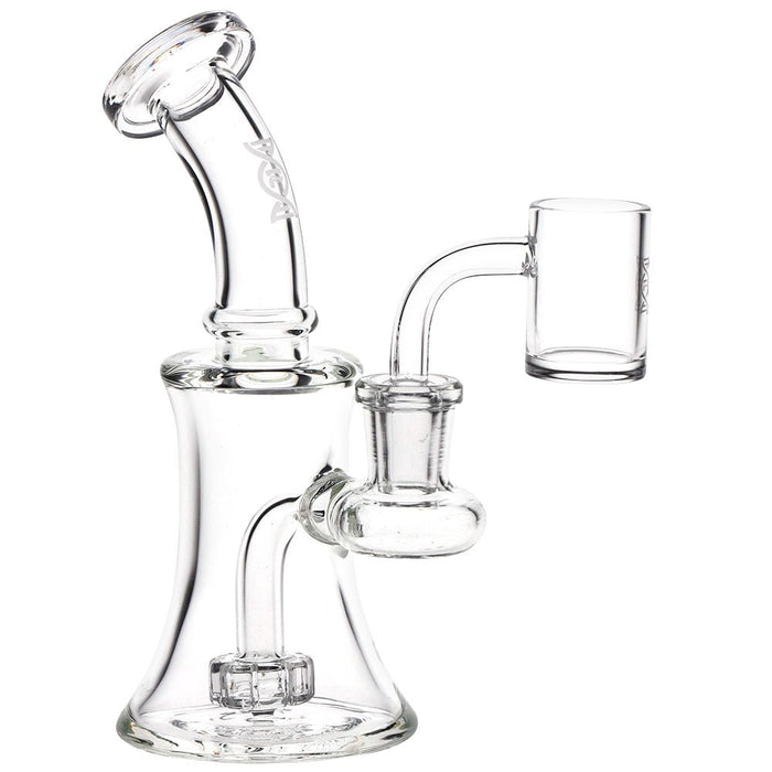 Clear glass water pipe with quartz banger on a white background