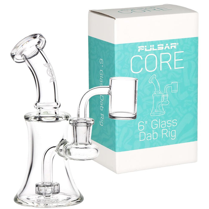 Clear glass dab rig with Pulsar Core packaging on a white background