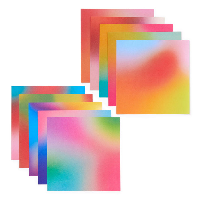 Ten square sheets from the Brass Monkey Shrimpin Aint Easy Origami Kit, each with a vibrant multicolored gradient—ideal for crafting shrimp origami—are arranged in two staggered rows.